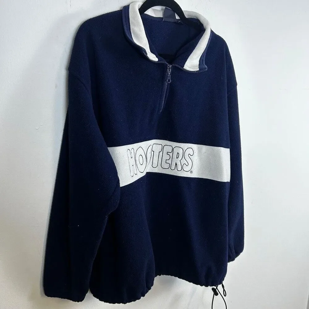 Vintage Hooters Akwa Fleece Pullover Mens XL Navy Blue 1/4 Zip Made in USA